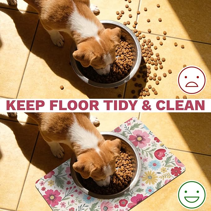 Pet Dog Cat Food Mat, Absorbent Quick Dry Dog Bowl Mats for Food and Water, Non Slip Boho Floral Dogs Cat Placemats Feeding Mat for Floors Indoor Puppy Pet Accessories Supplies 12 * 20 inch