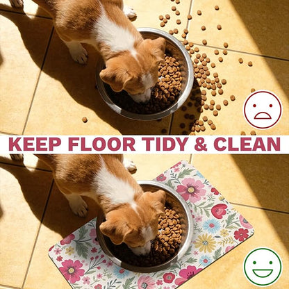 Pet Dog Cat Food Mat, Absorbent Quick Dry Dog Bowl Mats for Food and Water, Non Slip Boho Floral Dogs Cat Placemats Feeding Mat for Floors Indoor Puppy Pet Accessories Supplies 17 * 30 inch