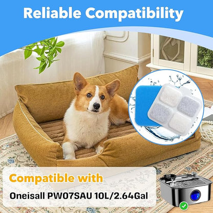 16-Pack Dog Water Fountain Filter Cmpatible with Oneisall PW07SAU 10L/2.64Gal，16 Filters, 16 Pre-Filters & 16 Pump Sponges - High-Performance Multilayer Filtration，Clean & Safe Drinking Water for Dog