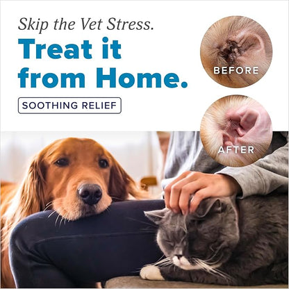 TropiClean HomeVet Dog Ear Cleaner, Ear Mite Treatment for Cats & Dogs, Ear Cleaning Solution Rinses on Contact, USA Made, 2 oz