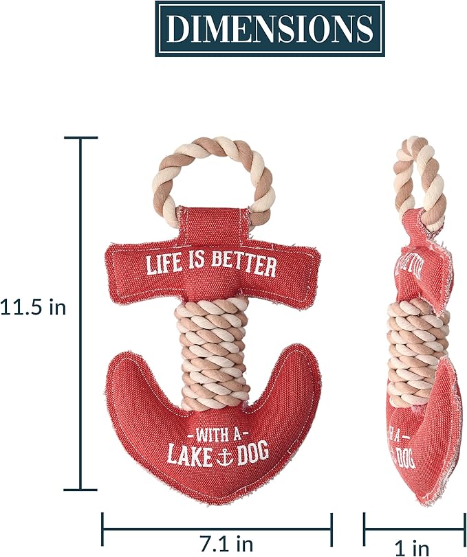 12" x 7" x 2" Red Anchor Shape Life is Better with A Lake Dog Tug of War Rope Handle Sturdy Dog Toy, Dogs for Medium-Large Breeds