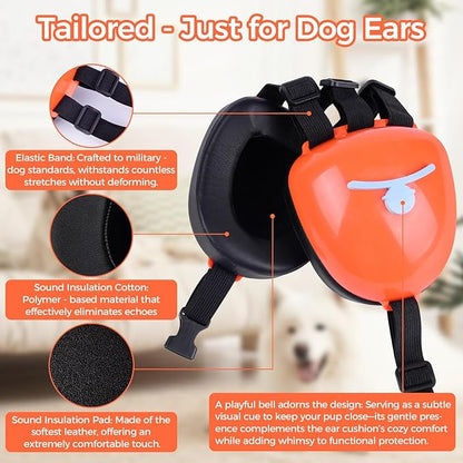 New Dog Ear Muffs for Noise Protection - 30dB NRR Dog Headphones, Noise Cancelling Hearing Protection Against Thunder/Fireworks/Vacuums, Upgraded Design with Bell Accent (Orange, Large)