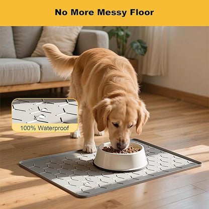 Pieviev 24''x16'' Dog Cat Food Bowl Mat, Silicone Waterproof Food Grade Pet Food Mat for Floor, High Raised Edge to Prevent Spills, Non-Slip & Easy Clean Pet Placemat for Dog & Cat Bowls, Light Gray