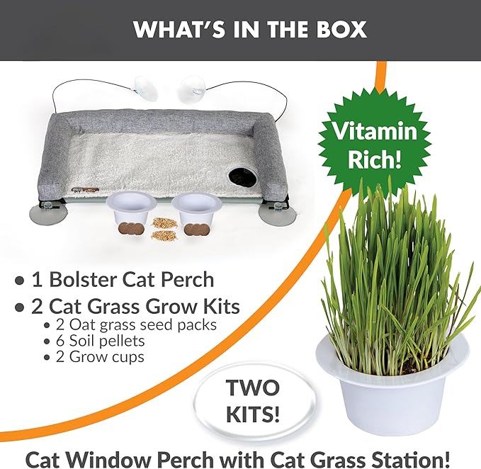 K&H Pet Products EZ Mount Cat Window Perch Deluxe Bolstered Kitty Sill with Cat Grass Grow Station - Hammock Window Bed for Indoor Pets, Home Grown Grass Toy for Bored Indoor Felines