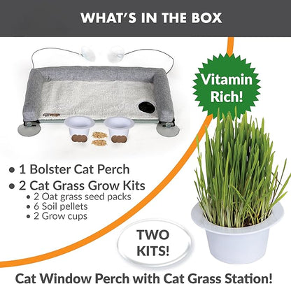 K&H Pet Products EZ Mount Cat Window Perch Deluxe Bolstered Kitty Sill with Cat Grass Grow Station - Hammock Window Bed for Indoor Pets, Home Grown Grass Toy for Bored Indoor Felines
