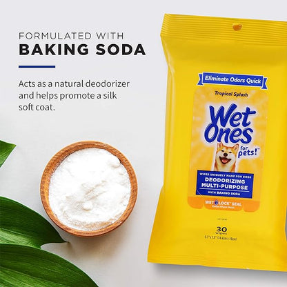 Wet Ones for Pets Deodorizing Multi-Purpose Dog Wipes with Baking Soda Dog Deodorizing Wipes for All Dogs in Tropical Splash Scent, Wipes with Wet Lock Seal Pouch Dog Wipes(Pack of 2,30 Count)