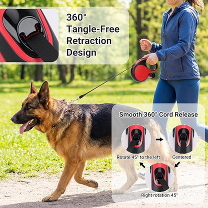 Segarty 26 Ft Walking Lead with Poop Bag Holder for Pet 66 lbs - 110 lbs, 8m Heavy-Duty Retractable Long Leash 360°Tangle-Free with Anti-Slip Handle, One-Handed Brake Pause Lock for Medium Large Dogs