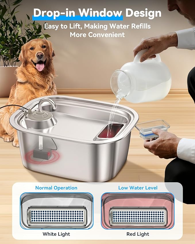 3 Gal Stainless Steel Dog Water Fountain for Large Dog, Pet Fountain Water Bowl Automatic Dispenser with Top Window & LED, Supet Quiet Pump for Multi Pet Home