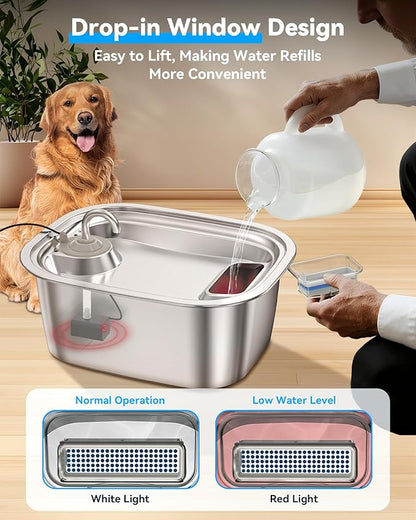 3 Gal Stainless Steel Dog Water Fountain for Large Dog, Pet Fountain Water Bowl Automatic Dispenser with Top Window & LED, Supet Quiet Pump for Multi Pet Home