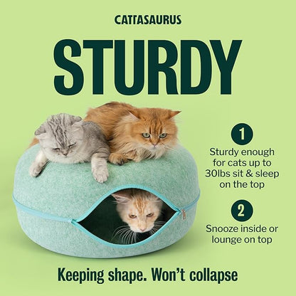 Cattasaurus Peekaboo Cat Cave Donut for Multiple & Large Cats up to 30-45 lbs, 3-in-1 Self Warming Cat Bed, Tunnel & Scratcher for Indoor Cats, Washable & Detachable Small Dog Bed (Sage Mist, Large)