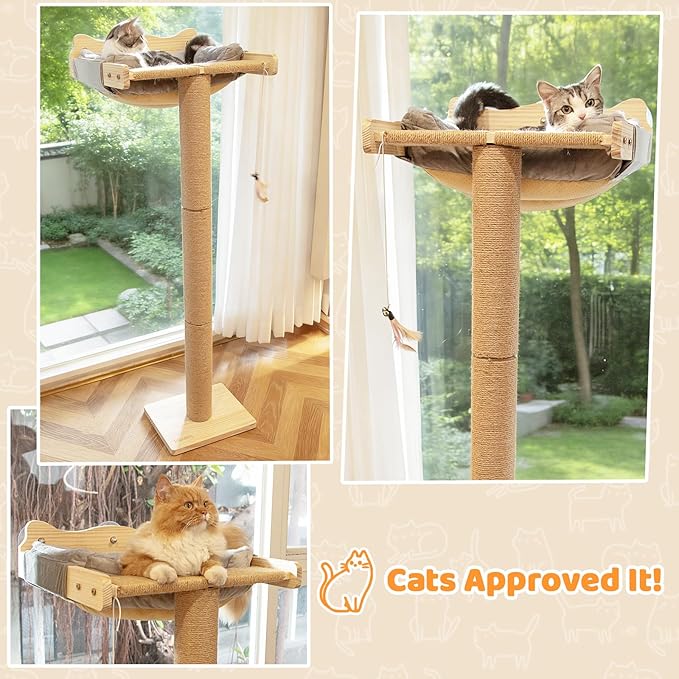 Cat Window Perch with Scratching Post, 46" Adjustable Tall Scratching Posts & Suction Cup – Gray Rabbit Fur Pad, Multi-Level Perch for Climbing, Bird Watching, Play, Supports 45 lbs (Drilling-Free)