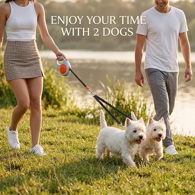 Double Dog Leash for Walking 2 Small Dogs (Up to 33 Lbs Each), Dual Retractable 9.8ft Extendable Strong Nylon Tape Pet Leash with Poop Bags, One-Handed Brake, Pause, Lock (Orange)