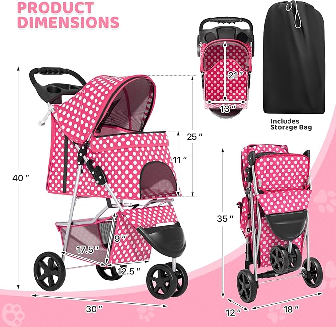 Magshion 3-Wheel Pet Stroller, Foldable Travel Jogger for Small & Medium Dogs & Cats (Up to 33lbs), Lightweight Carrier with Breathable Mesh Cover, Cup Holder & Storage Basket, Hot Pink Polka Dots