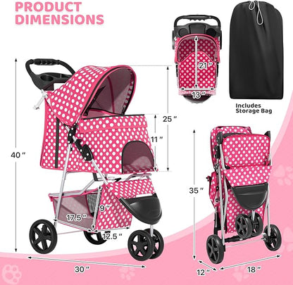 Magshion 3-Wheel Pet Stroller, Foldable Travel Jogger for Small & Medium Dogs & Cats (Up to 33lbs), Lightweight Carrier with Breathable Mesh Cover, Cup Holder & Storage Basket, Hot Pink Polka Dots