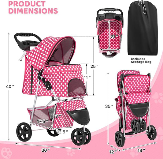 Magshion 3-Wheel Pet Stroller, Foldable Travel Jogger for Small & Medium Dogs & Cats (Up to 33lbs), Lightweight Carrier with Breathable Mesh Cover, Cup Holder & Storage Basket, Hot Pink Polka Dots