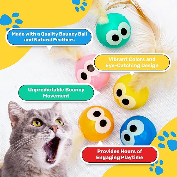 Bouncy Tails 3-Pack Cat Ball Toy with Natural Feathers, Interactive Cat Toys for Bored Indoor Adult Cats, Feather Cat Toy for Indoor Cats and Playful Kittens