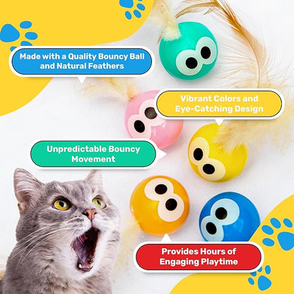Bouncy Tails 3-Pack Cat Ball Toy with Natural Feathers, Interactive Cat Toys for Bored Indoor Adult Cats, Feather Cat Toy for Indoor Cats and Playful Kittens