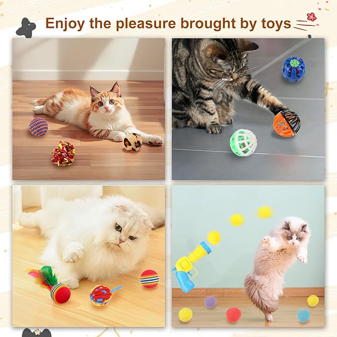 42 Pcs Cat Toys, Interactive Kitten Toy for Indoor Cats, Variety Small Balls and Launcher, Feather and Teaser Wand Toy, Crinkle Balls Springs Mouse Toys for Cat, Puppy, Kitty