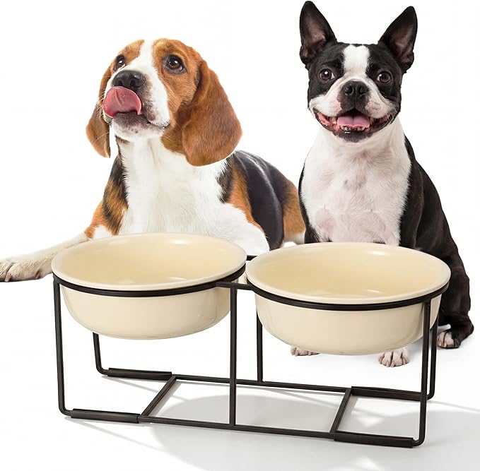 Elevated Ceramic Dog Bowl Set - Double Dishes with Non-Slip Iron Stand - Raised Feeding Station for Food & Water - Ideal for Small and Medium Dogs - 2 × 720ml Capacity - Beige - 15 cm Height