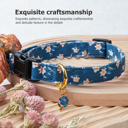 Cotton Handmade Dog Collar Cute and Distinctive Patterns Blue Tulip with Pendant for Girl Boy Dogs Collars L
