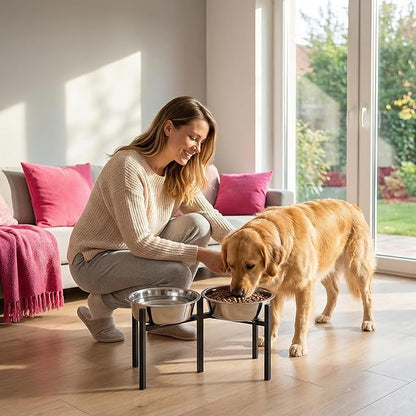 Adjustable Elevated Dog Bowl Stand, Metal Feeder Riser for Large Medium Dogs, Portable Travel Design, Slow Feeder Compatible (Without Bowls)