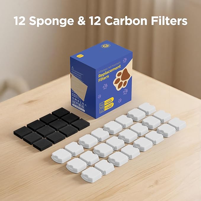 Cat Water Fountain Filter Replacement: 24 Cat Fountain Filter (12 Carbon + 12 Foam Filters) Suitable for GIOTOHUN S11