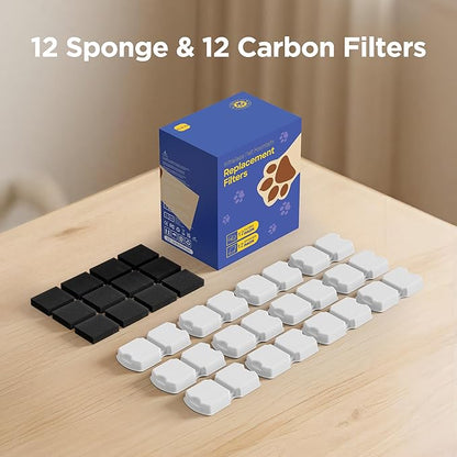 Cat Water Fountain Filter Replacement: 24 Cat Fountain Filter (12 Carbon + 12 Foam Filters) Suitable for GIOTOHUN S11
