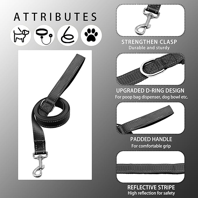 Reflective Dog Collar with Safety Locking Buckle, Adjustable Soft Breathable Nylon Collars for Small, Medium and Large Dogs(Collar+Leash S Width 3/4" Black)