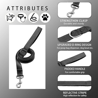 Reflective Dog Collar with Safety Locking Buckle, Adjustable Soft Breathable Nylon Collars for Small, Medium and Large Dogs(Collar+Leash S Width 3/4" Black)