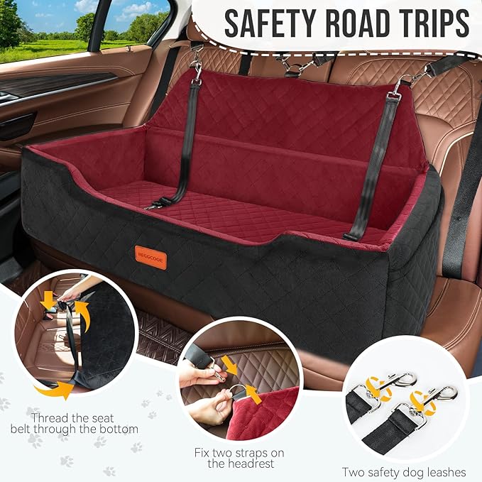 HEGGCOOE Large Dog Car Seat Under 100 lbs, Washable Dog Car Bed for 2 Medium Dogs, Detachable Pet Booster Seat with Storage Pocket and Seat Belt for Back Seat