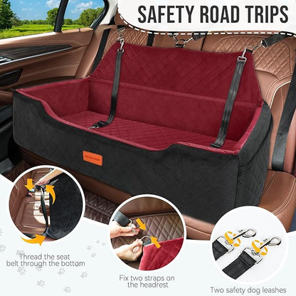 HEGGCOOE Large Dog Car Seat Under 100 lbs, Washable Dog Car Bed for 2 Medium Dogs, Detachable Pet Booster Seat with Storage Pocket and Seat Belt for Back Seat