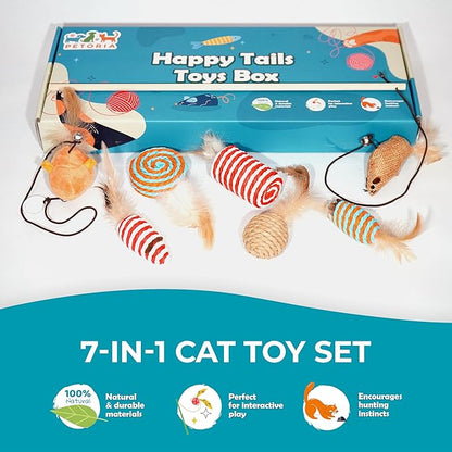 Natural Cat Toys Set, Eco-Friendly Interactive Toys with Feather Mice, Fiber Balls, Wand & Teething Toys | Gift for Cats & Kittens