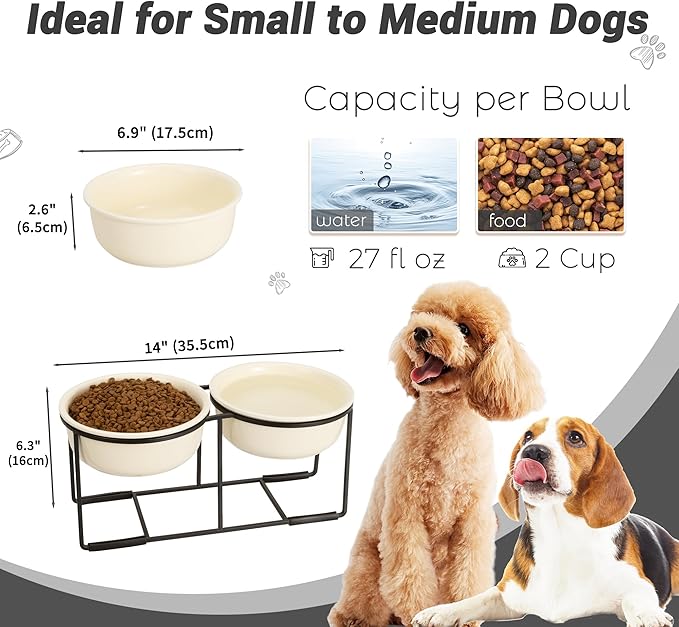 Ceramic Elevated Dog Bowl Set - Raised Food and Water Bowls with Metal Stand - Double Pet Dishes for Small and Medium Dogs - 2 Cups - 27 fl oz - Beige