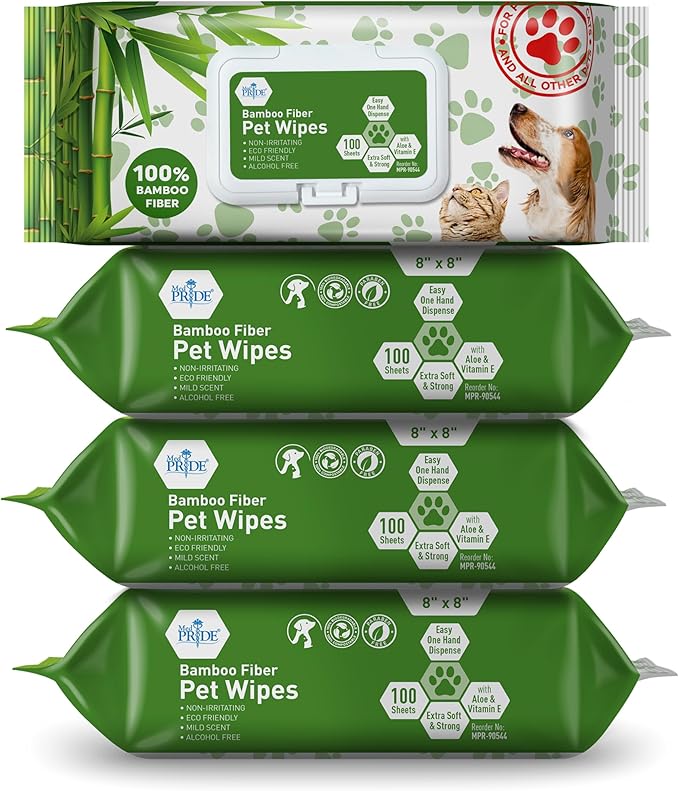 MED PRIDE 100% Bamboo Fiber Doggie Cleaning XL – Dog & Cat Cleaning Wipes with Aloe Vera – Alcohol & Paraben-Free – 8”x8” Hypoallergenic Deodorizing Grooming Wipes – 4 Packs (400 Count)