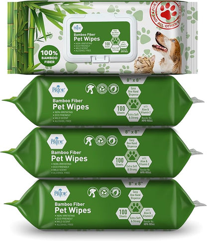 MED PRIDE 100% Bamboo Fiber Doggie Cleaning XL – Dog & Cat Cleaning Wipes with Aloe Vera – Alcohol & Paraben-Free – 8”x8” Hypoallergenic Deodorizing Grooming Wipes – 4 Packs (400 Count)