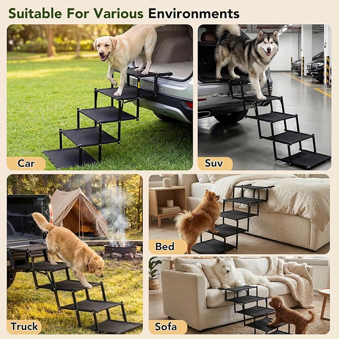 Extra Wide Dog Stairs for Car, Foldable Pet Steps for Large Dogs with Non Slip Surface, Dog Ramp for Truck and SUV, Portable Pet Stairs Supports Up to 150 Lbs (5 Steps)