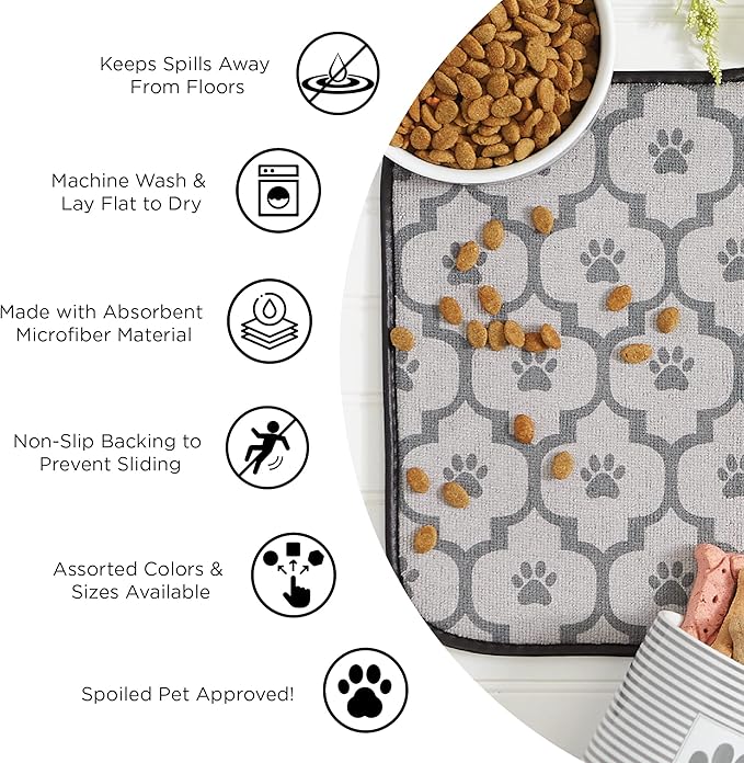 Bone Dry Embroidered Microfiber Cat Shape Pet Food & Water Placemat-Gray