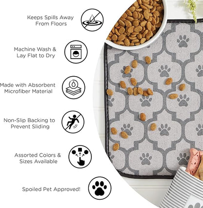 Bone Dry Embroidered Microfiber Cat Shape Pet Food & Water Placemat-Gray