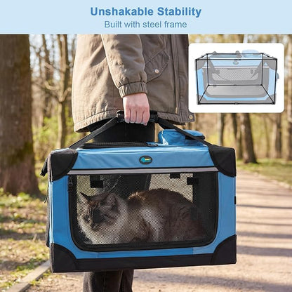 Ownpets Extra Large Cat Carrier for 2 Cats Small Dogs, 24 Inches Collapsible Soft Dog Crate for Car Travel, Portable Pet Carrier with Soft Mat, Blue