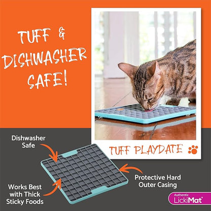 LickiMat Tuff Cat, Heavy-Duty Playdate, Cat Slow Feeder Lick Mat, Boredom Anxiety Reducer; for Food, Treats, Yogurt, or Peanut Butter. Fun Alternative to a Slow Feed Cat Bowl or Dish, Turquoise