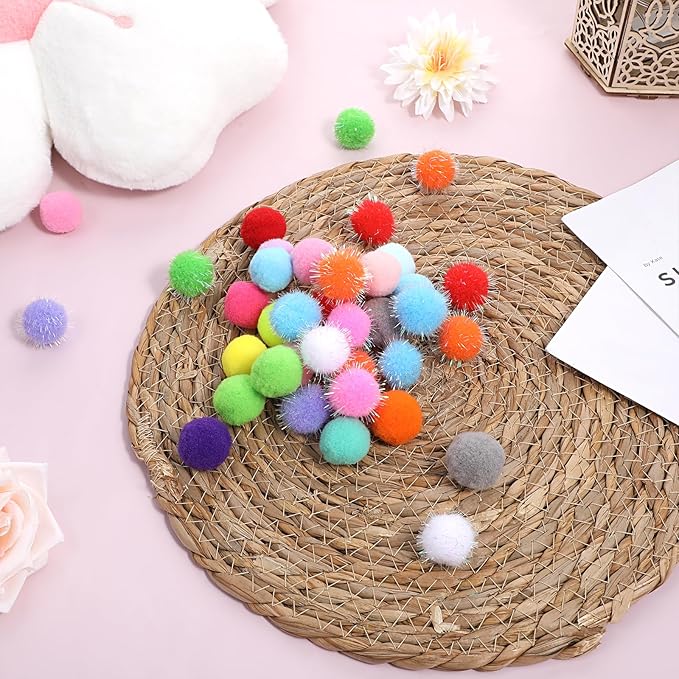 100 Pcs Cat Toy Balls 1'' Colorful Cat Pom Pom Balls 2 Style Soft Interactive Kitten Ball Cats Sparkle Fuzzy Ball Fuzzy Kitten Exercise Playing Quiet Toy for Exercise Entertainment