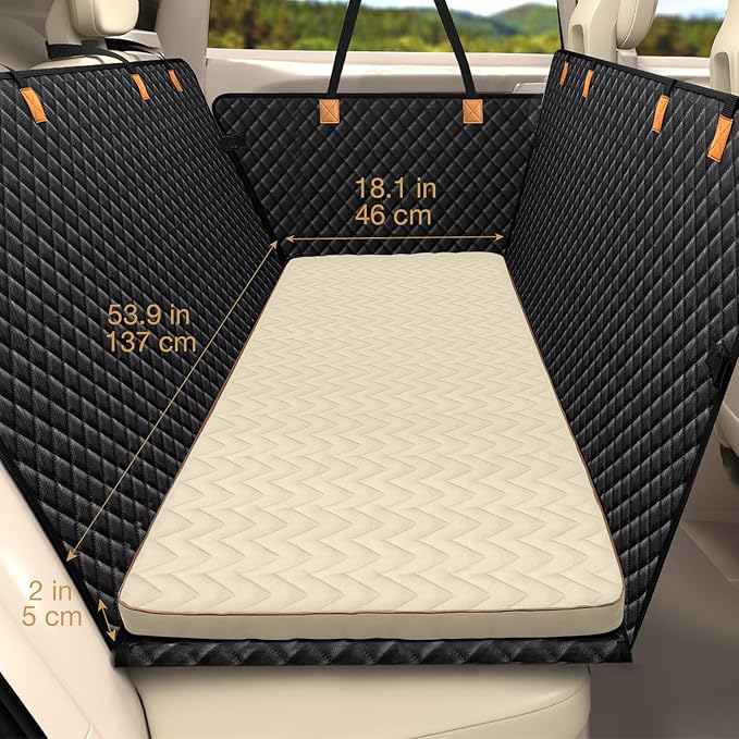 Lekereise Soft Dog Car Mat for Hard Bottom Seat Extender 53.9 x 18.1 inch- Waterproof Washable Dog Car Mat, Orthopedic Egg-Crate Foam Pet Bed, Fits Most Hard Bottom Dog Car Beds/SUVs/Trucks-Beige