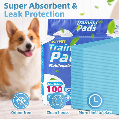 Roypet 22" x 22" Puppy Training Pads in Bag, 5-Layer Leak-Proof Design and Quick-Dry, Surface for Potty Training, Ultra Absorbent and Odor Eliminating, 100 Count, Blue & White
