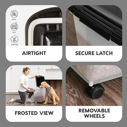 IRIS USA Airtight Dog Food Storage Container, WeatherPro, Up to 50 lbs, Removable Wheels, for Dog Cat Bird and Other Pet Food Storage Bin, Keep Fresh, Translucent Body, Made in USA, Clear/Black
