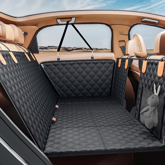 PETICON Back Seat Extender for Dogs, Hard Bottom Dog Car Seat Cover - Supports 400lbs, Rear Seat Pet Cover with Mesh Window, Waterproof Dog Hammock for Car SUV