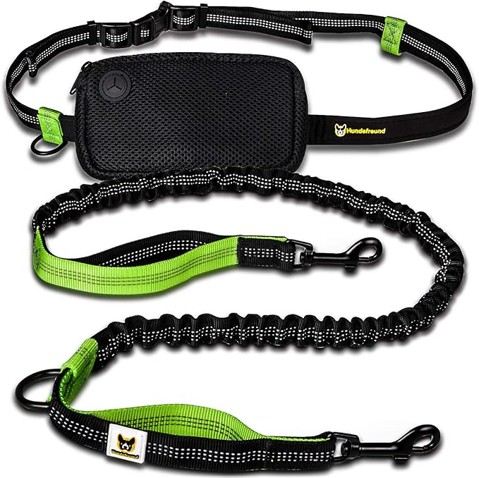 Hundefreund Hands-Free Leash for Small Dogs Under 30 lbs – Lightweight Waist Leash with Soft Bungee (43–63"), Padded Belt (26–47") & Pouch – Dual Handles, Reflective Stitching for Walking & Jogging