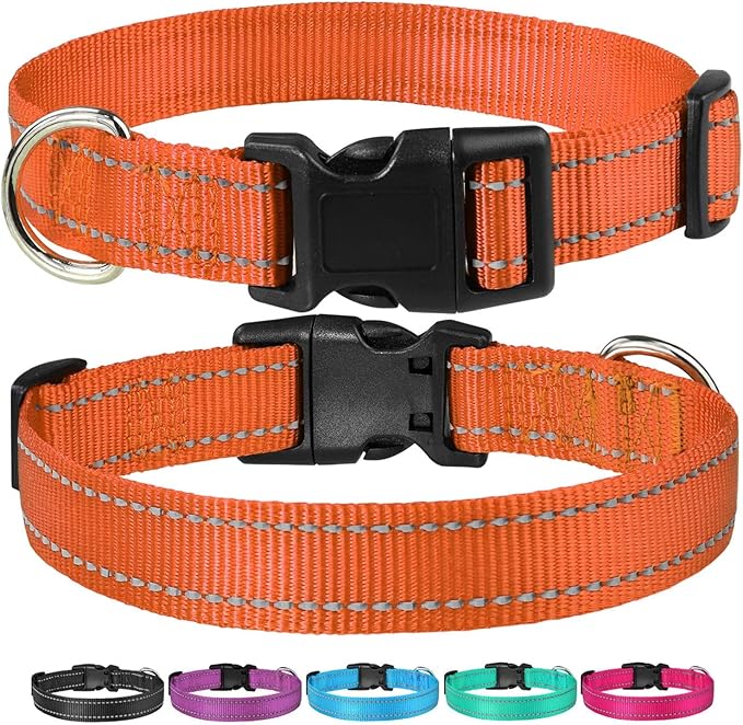 Reflective Dog Collar with Buckle Adjustable Safety Nylon Collars for Small Medium Large Dogs, Orange M