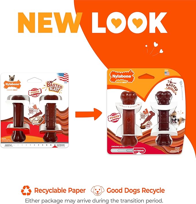 Nylabone Original & Textured Bone Power Chew Toy for Dogs, Durable & Tough Dog Toys for Aggressive Chewers, Basted Blast Bacon and Steak Flavor, X-Small Dogs - Up to 15 lbs, 2 Pack
