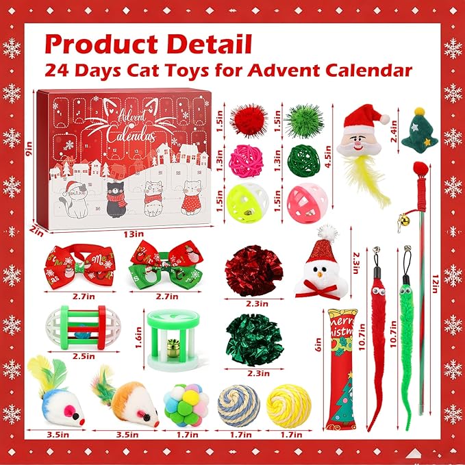 Mity rain Cat Advent Calendar 2025 with 24 Days of Surprises, Christmas Cat Toys with Cat Bowies, Bells, Mice, Catnip, Feather Toys, Xmas Fun Gifts for Cats Lovers