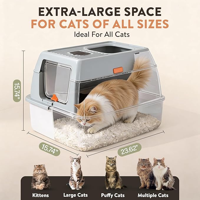 XL Stainless Steel Cat Litter Box with Enclosure and Pooper Scooper - Durable Black Metal Litter Box for Big Cats, High Sides for Anti-Leakage, Never Absorbs Odors, Non-Sticky - (60x40cm) (Gray)